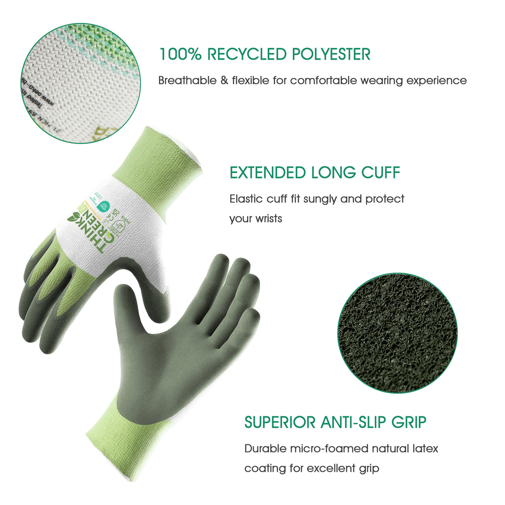 COOLJOB 3 Pairs Think Green Gardening Work Gloves, 100% Recycled Polyester with Rubber Coated