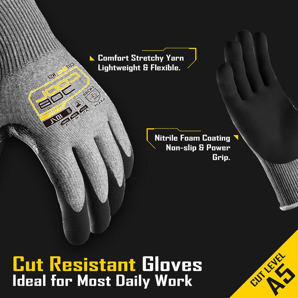COOLJOB ANSI A5 Cut Resistant Gloves - 1/3/12 Pairs, Nitrile Rubber Dipped Safety Work Gloves for Men, Knife Proof with Grip Coating