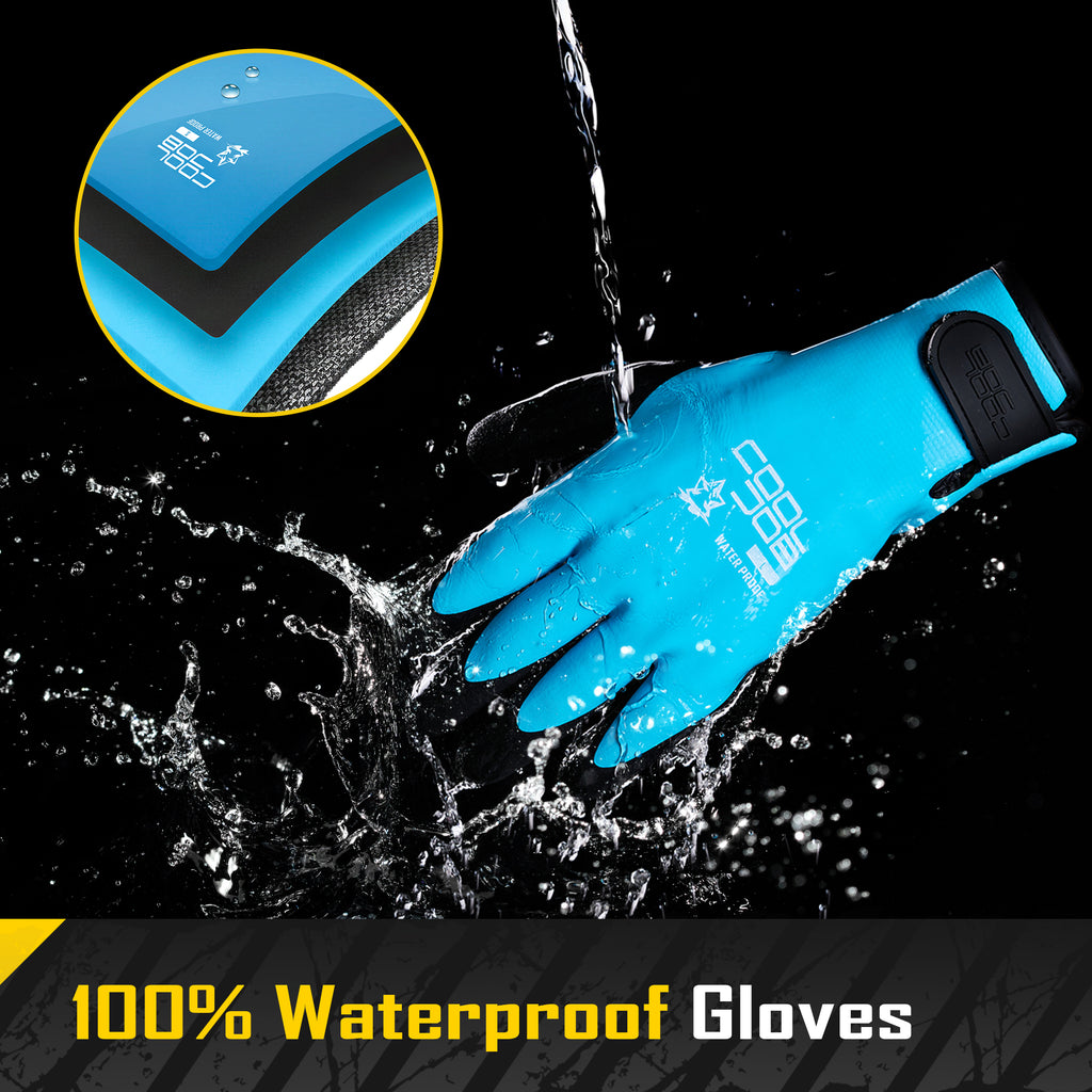 COOLJOB Thermal Warm Winter Work Blue Gloves with Grip, Rubber Coated Touchscreen Waterproof Freezer Gloves for Warehouse, 1 Pair