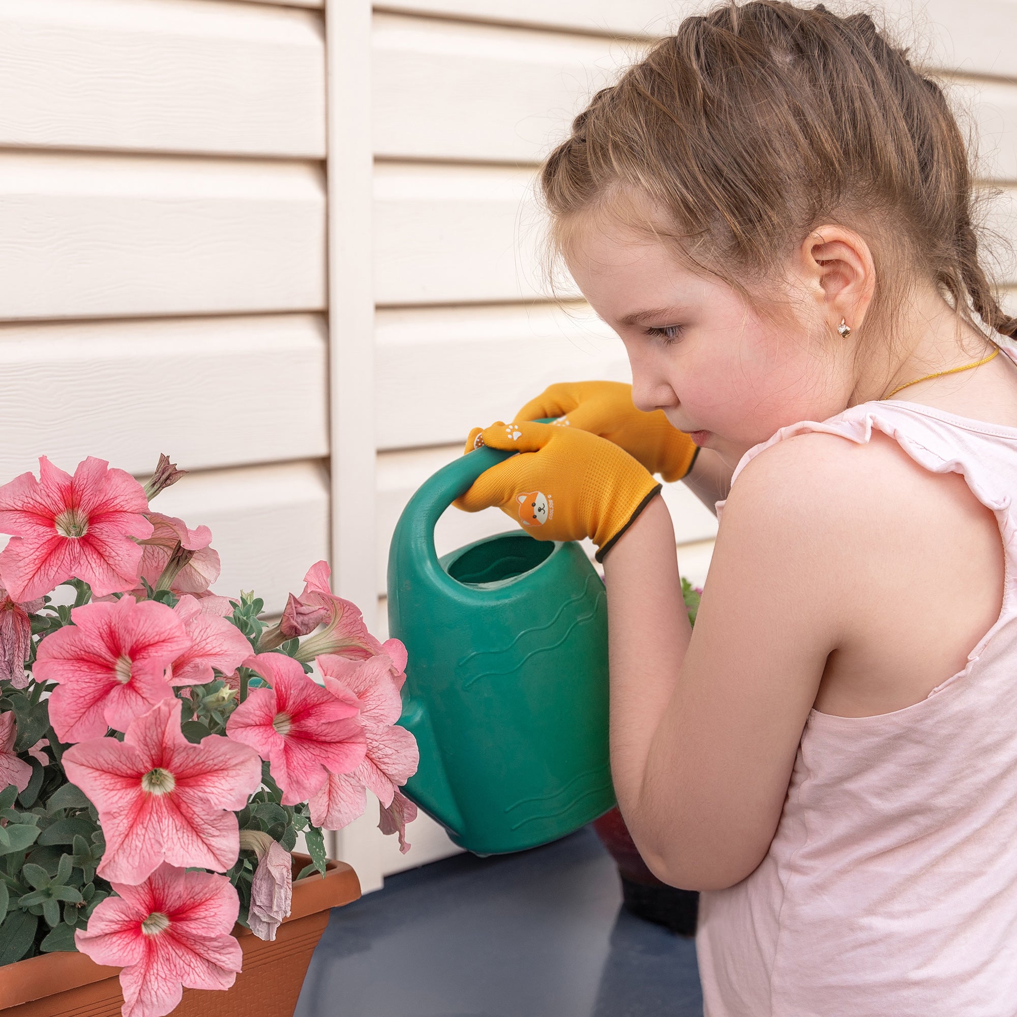 COOLJOB Breathable Toddler Work Gloves for Gardening Boy Girl, Nylon Kids Garden Gloves with Grip, Children Yard Gloves, Yellow & Brown, 2 Pairs