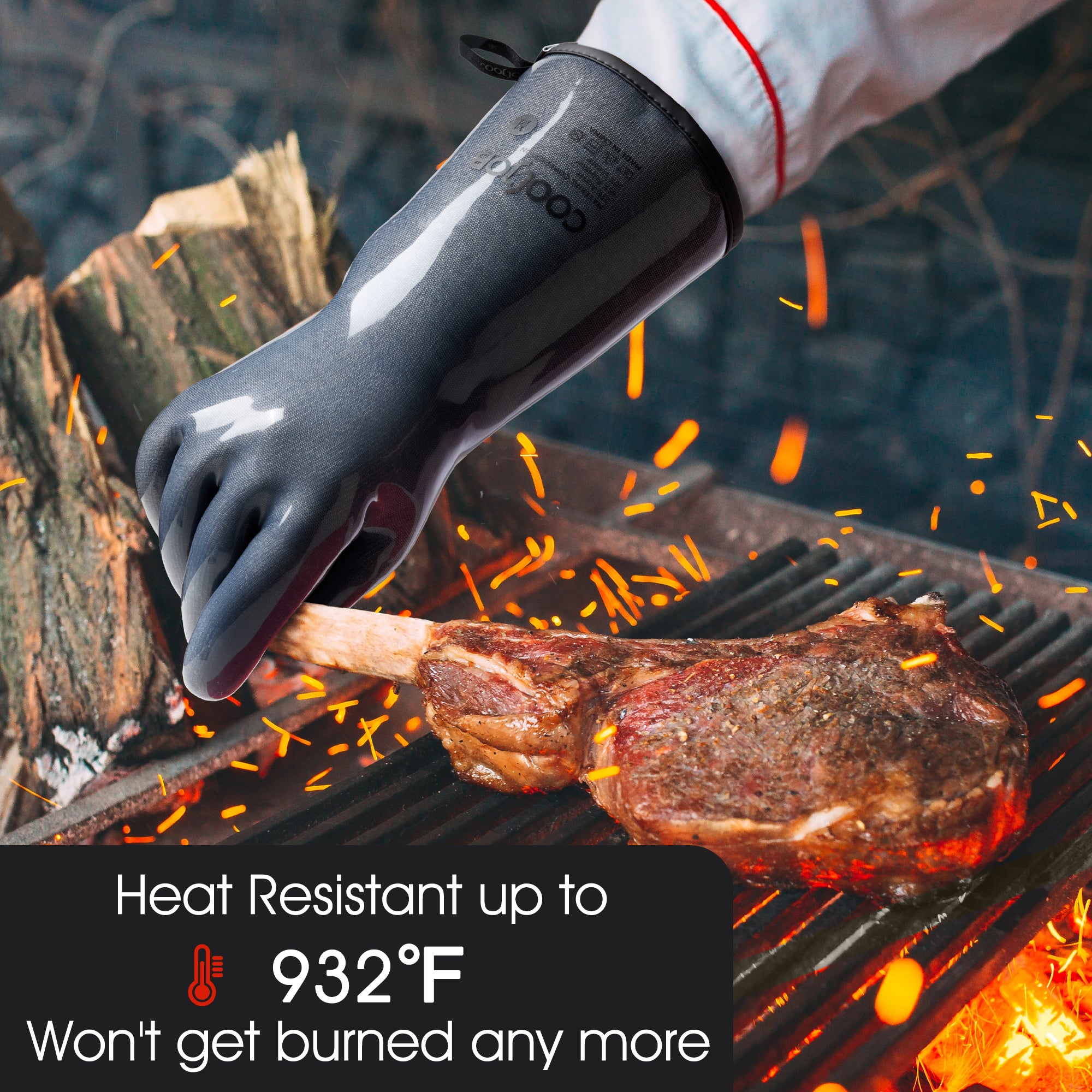COOLJOB Heat Resistant Oven Gloves, Waterproof Liquid Silicone BBQ Grilling Gloves for Barbecue, Kitchen Cleaning, Baking
