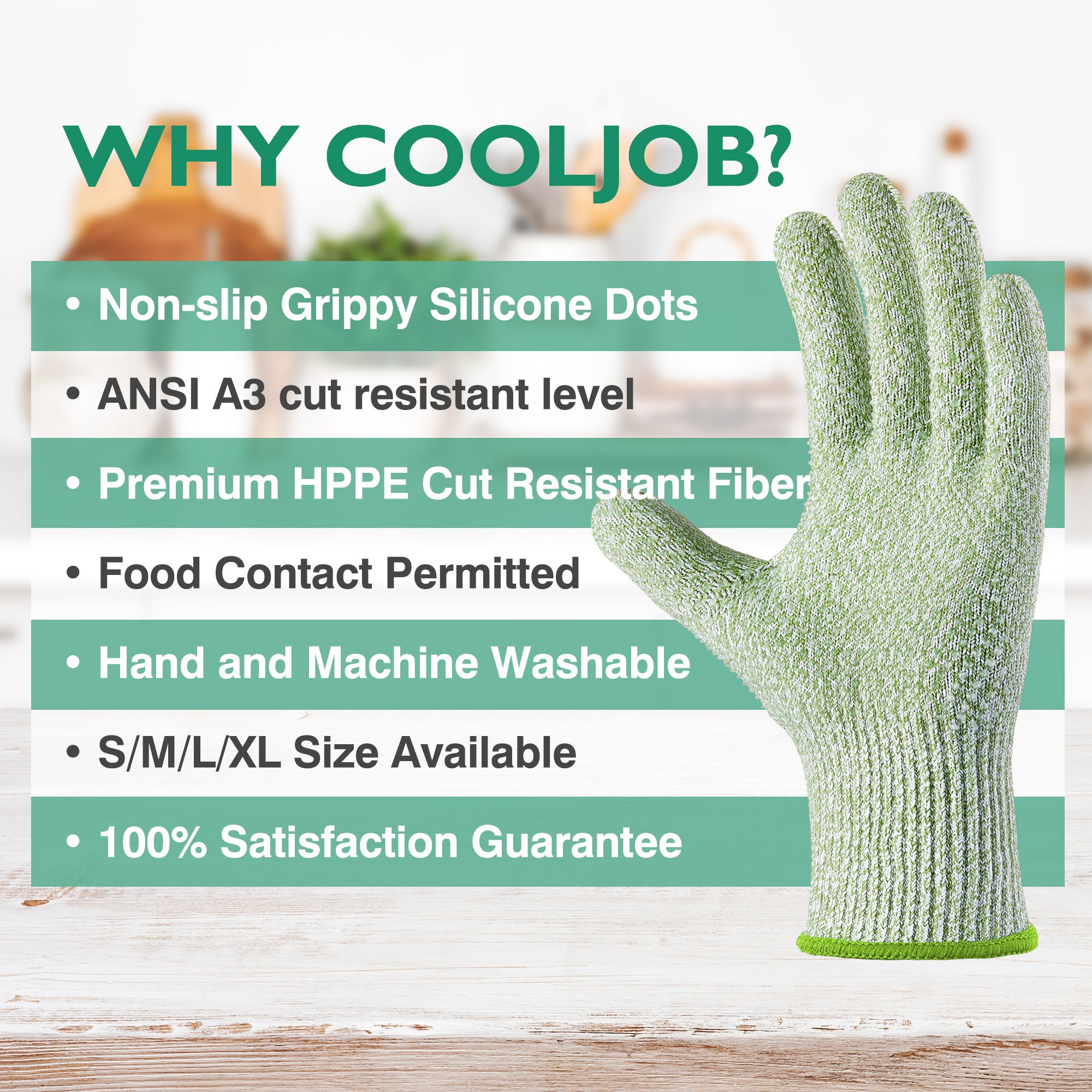 COOLJOB Food Grade Cut Resistant Gloves, Bamboo Rayon Safety Work Gloves Level 5 A3 Cutting Protection