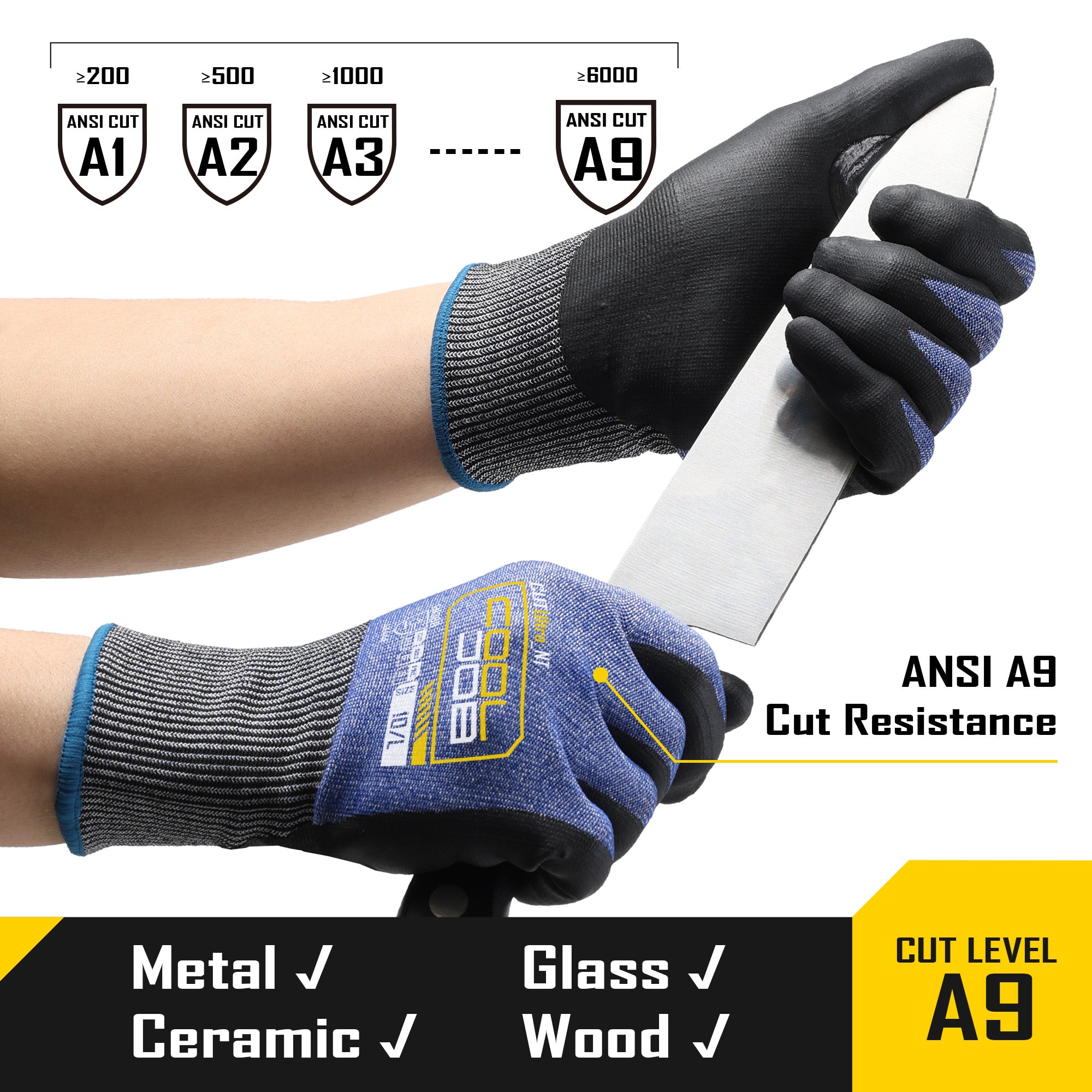 COOLJOB 3 Pairs A9 Cut Resistant Fishing Gloves, Touchscreen, Safety Work Gloves