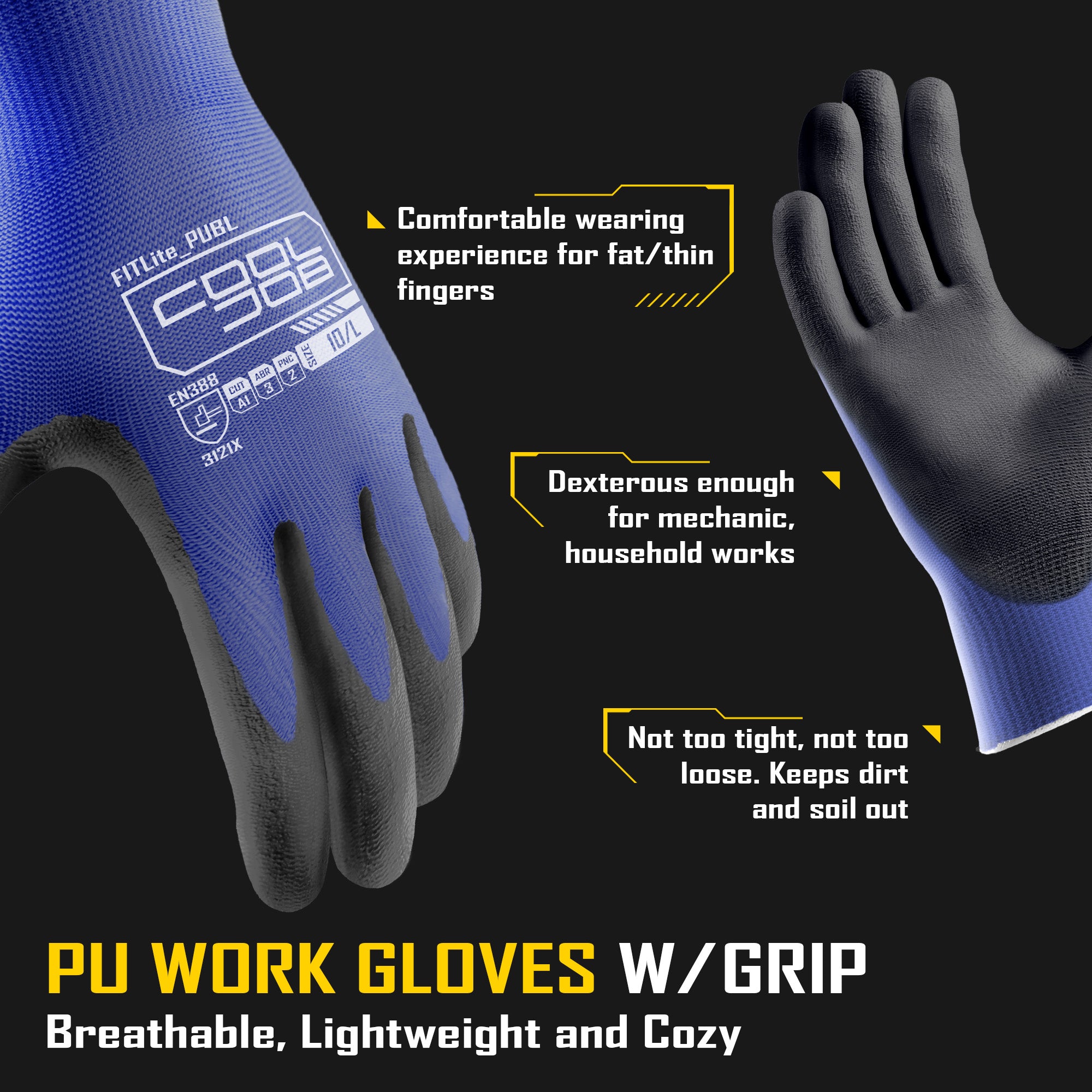 COOLJOB 12 Pairs Safety Work Gloves - PU Coated Grip, 13 Gauge Knit, Breathable (Black, Large)
