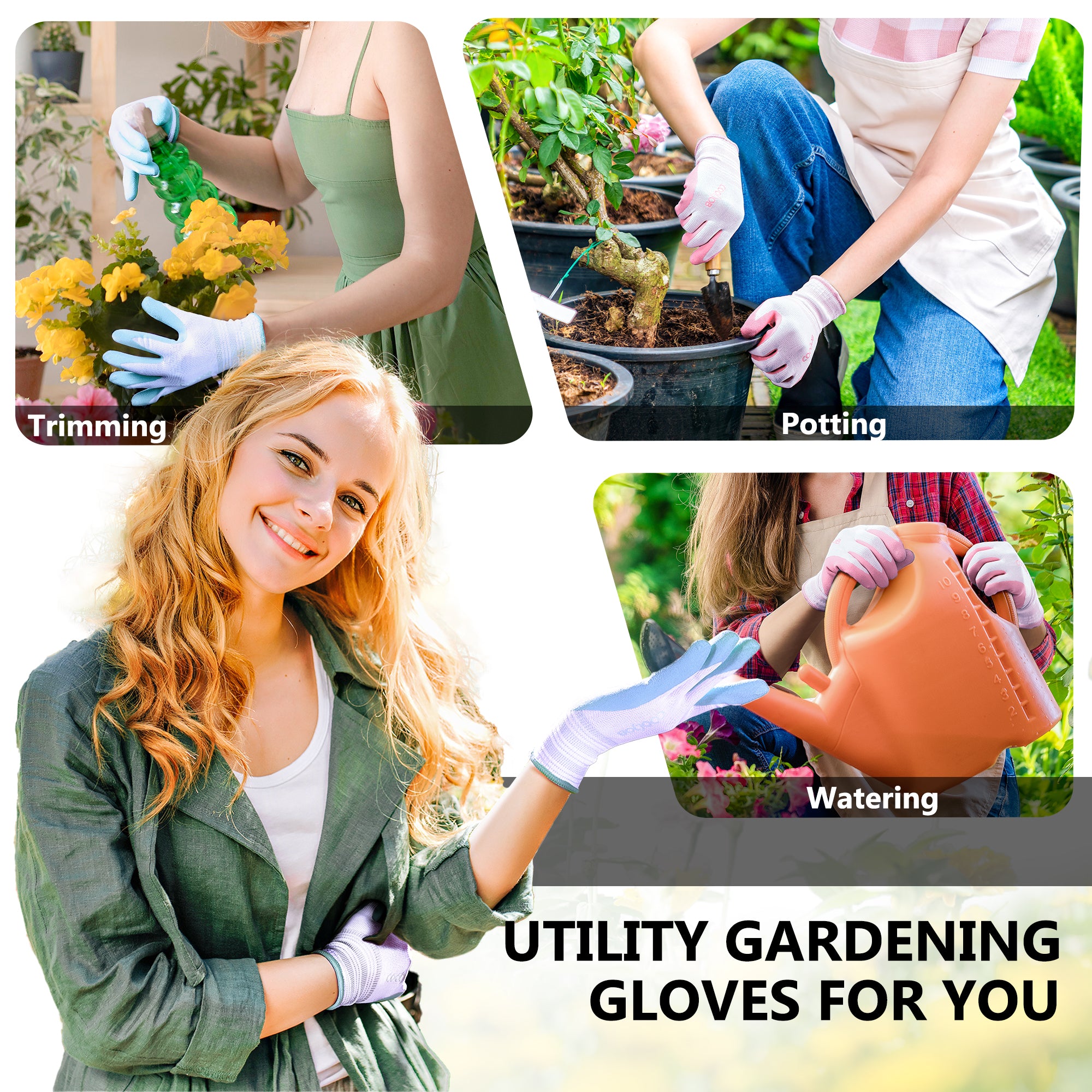 COOLJOB 2/6/12 Pairs Gardening Gloves for Women Ladies, Breathable Rubber Coated for Yard Garden, Sakura Pink & Light Blue