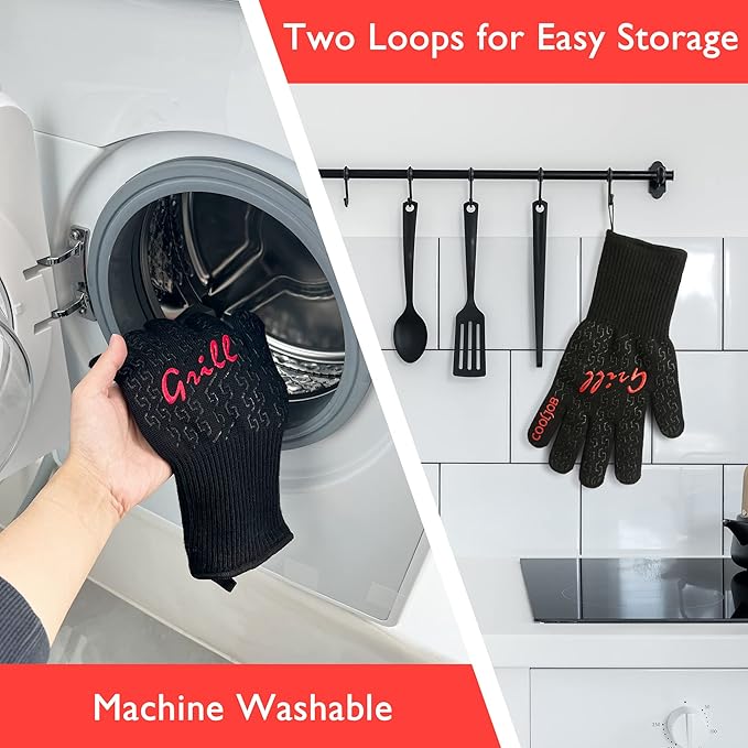 COOLJOB Heat Resistant BBQ Gloves for Hot Temperature Cooking, Barbecue Grilling
