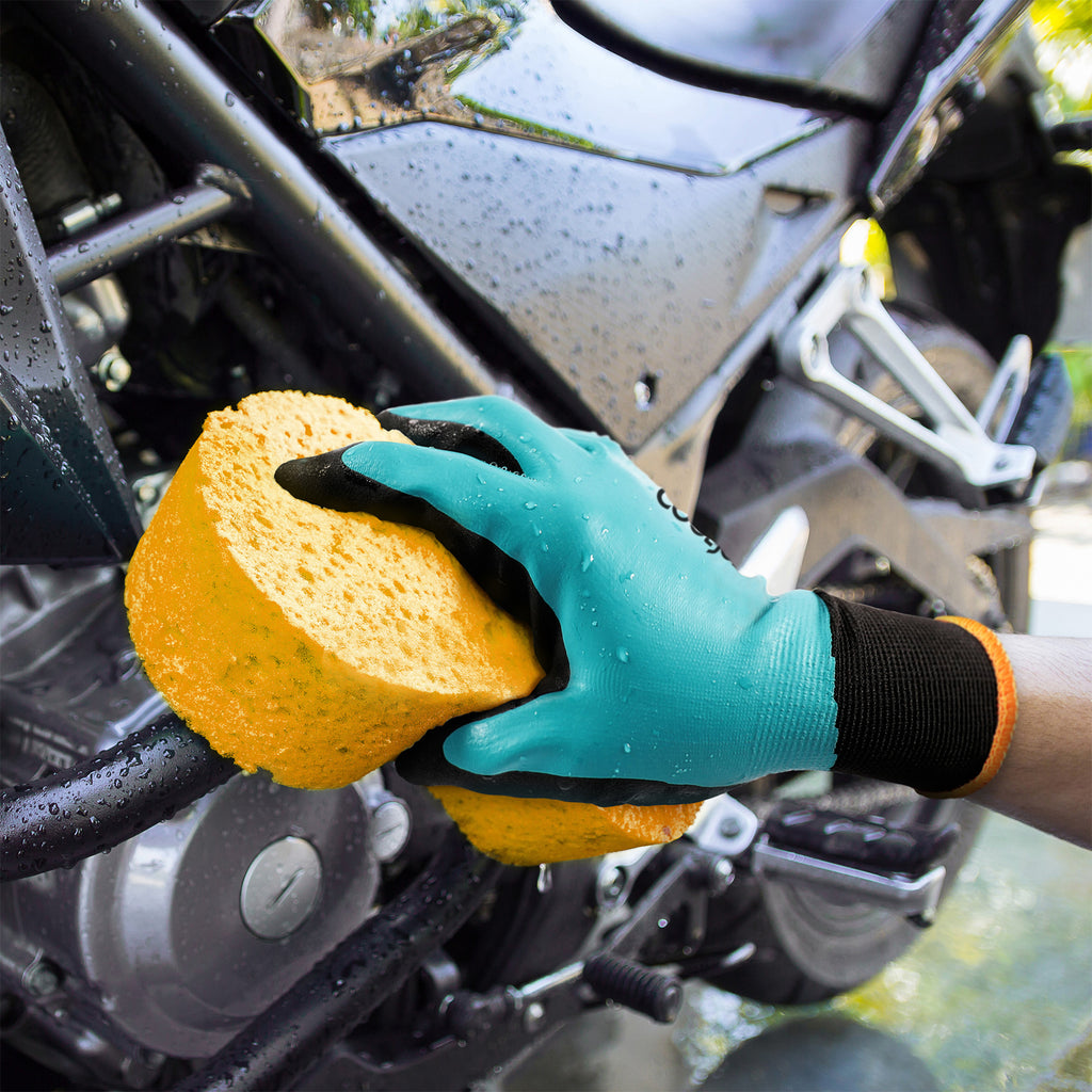 COOLJOB 2/6 Pairs Waterproof Gardening Work Gloves with grip, Double Rubber Coated (Blue)