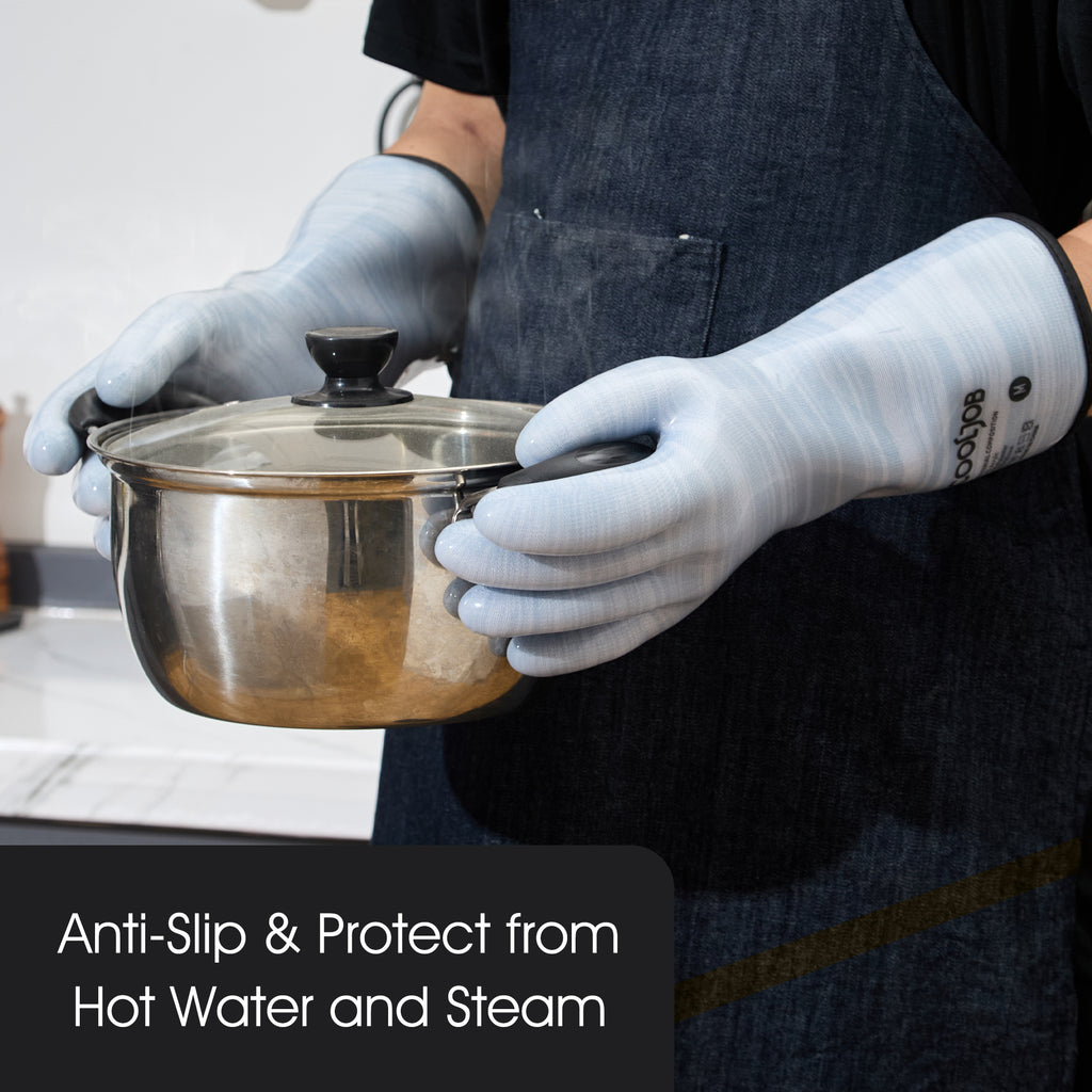 COOLJOB Heat Resistant Oven Gloves, Waterproof Liquid Silicone BBQ Grilling Gloves for Barbecue, Kitchen Cleaning, Baking