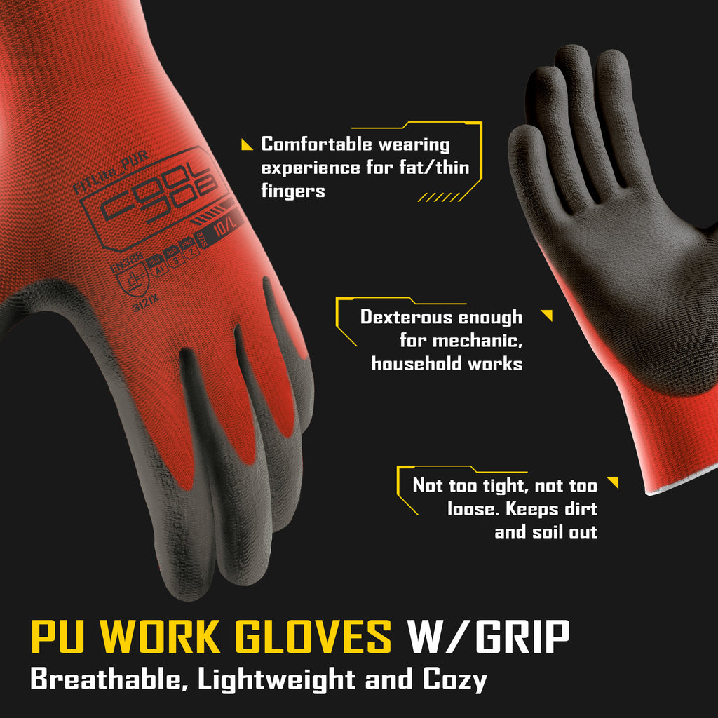 COOLJOB 12/60/120 Pairs Safety Work Gloves Pack Bulk with Grip PU Coating（Red）