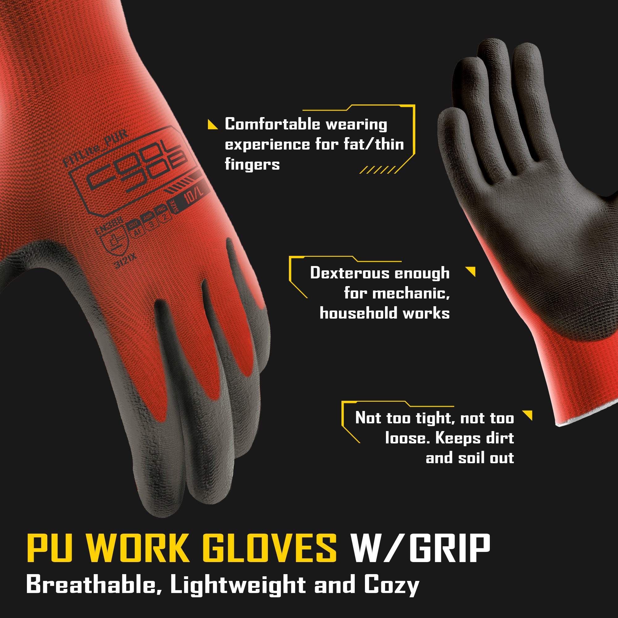 COOLJOB 12/60/120 Pairs Safety Work Gloves Pack Bulk with Grip PU Coating（Red）