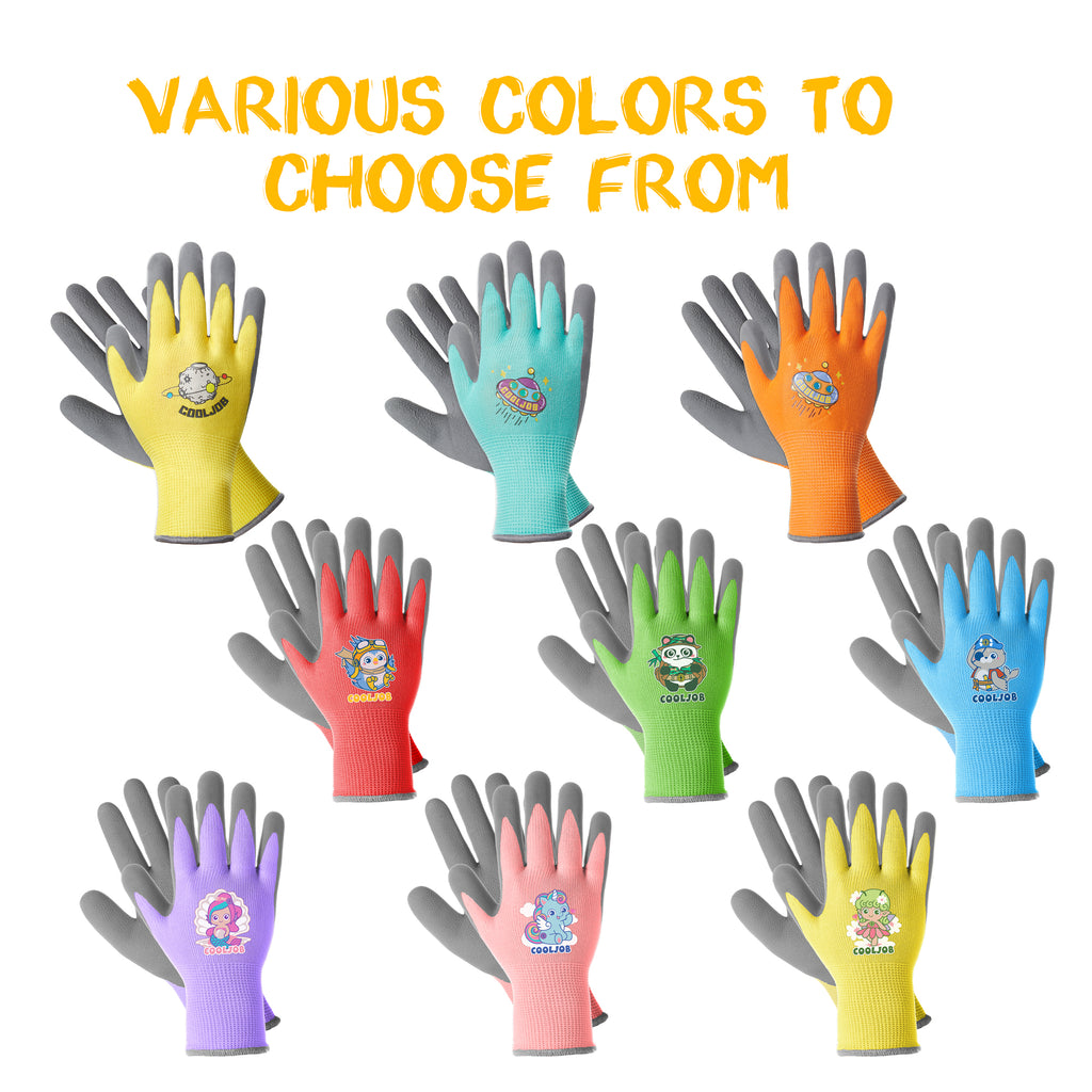 COOLJOB 3 Pairs Kids Gloves, Grippy Rubber Coated Garden Work Gloves for Children, Purple & Pink & Yellow