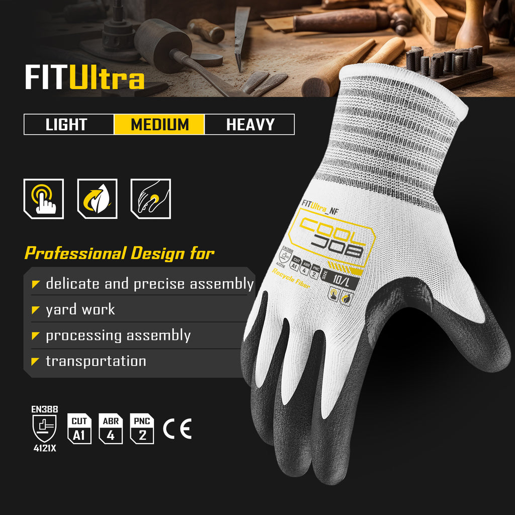 COOLJOB 10 Pairs Bulk Safety Work Gloves for Men, Touchscreen MicroFoam Nitrile Coated Garden Gloves with Grip for Lawn Care, Oil Resistant for Warehouse Yard, 100% Recycled Polyester
