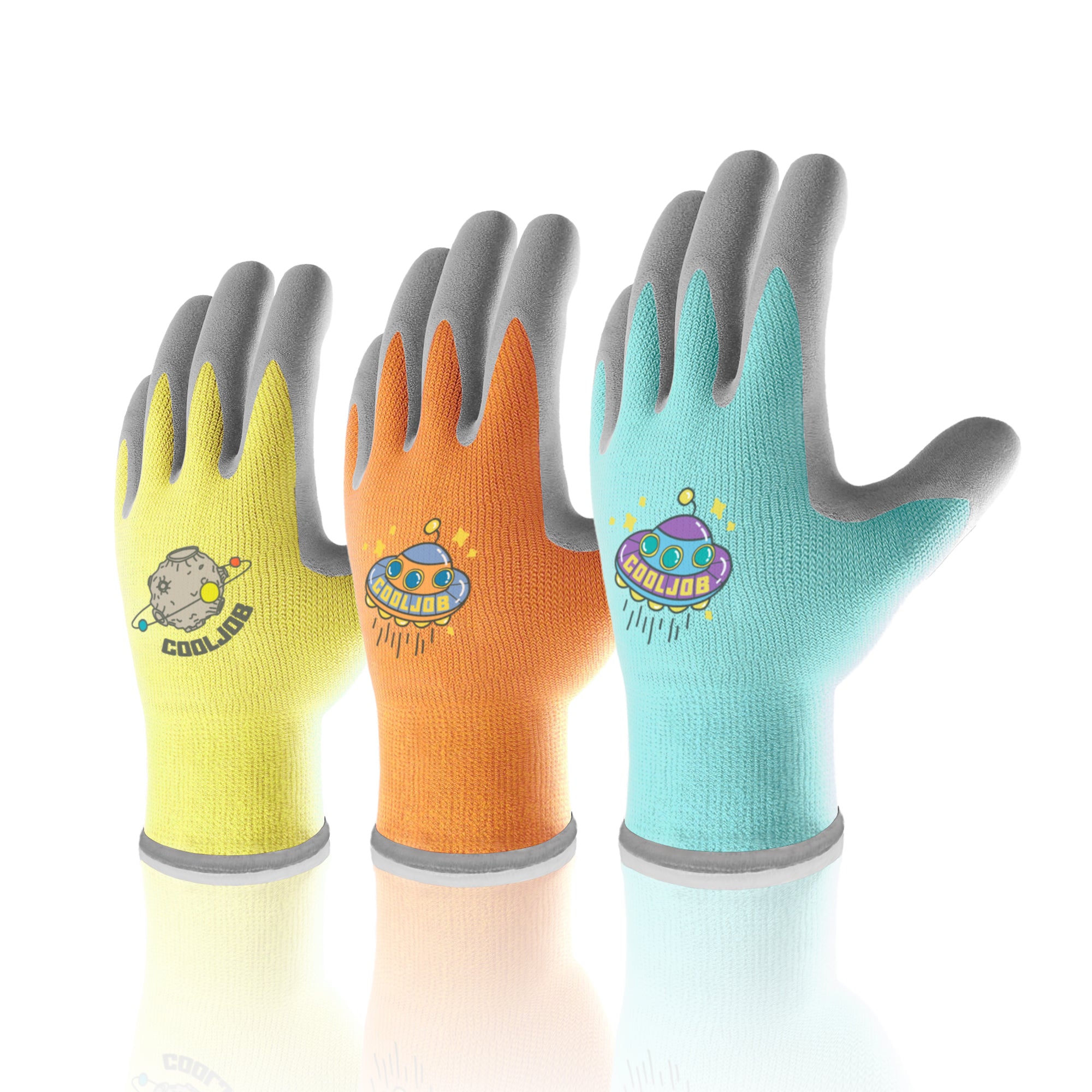 COOLJOB 3 Pairs Kids Gloves, Grippy Rubber Coated Garden Work Gloves for Children, Orange & Green & Yellow