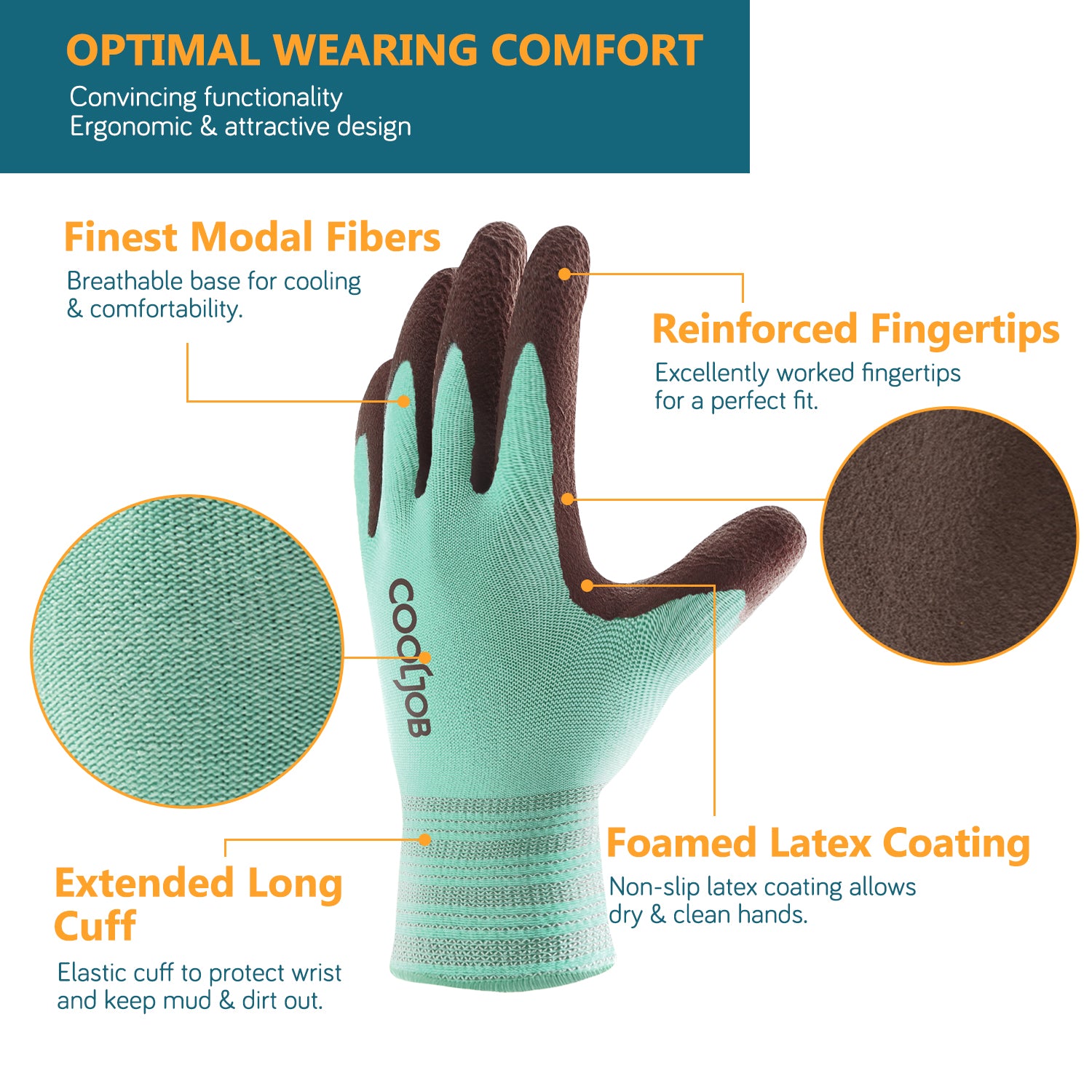 COOLJOB 2 Pairs Breathable Gardening Gloves, Stretch Soft Modal Base with Non Slip Rubber Coating