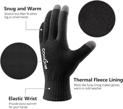COOLJOB Warm Fleece Knit Winter Gloves, Touch Screen Fingers, Non-slip Silicone Grip and Elastic Cuff