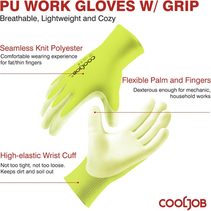 COOLJOB 12/60/120 Pairs Safety Work Gloves Pack Bulk with Grip PU Coating（Yellow）