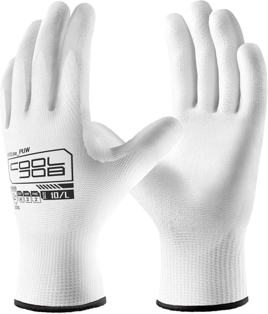 COOLJOB 12/60/120 Pairs Safety Work Gloves Pack Bulk with Grip PU Coating（White）