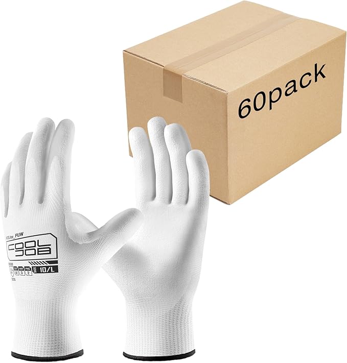 COOLJOB 12/60/120 Pairs Safety Work Gloves Pack Bulk with Grip PU Coating（White）