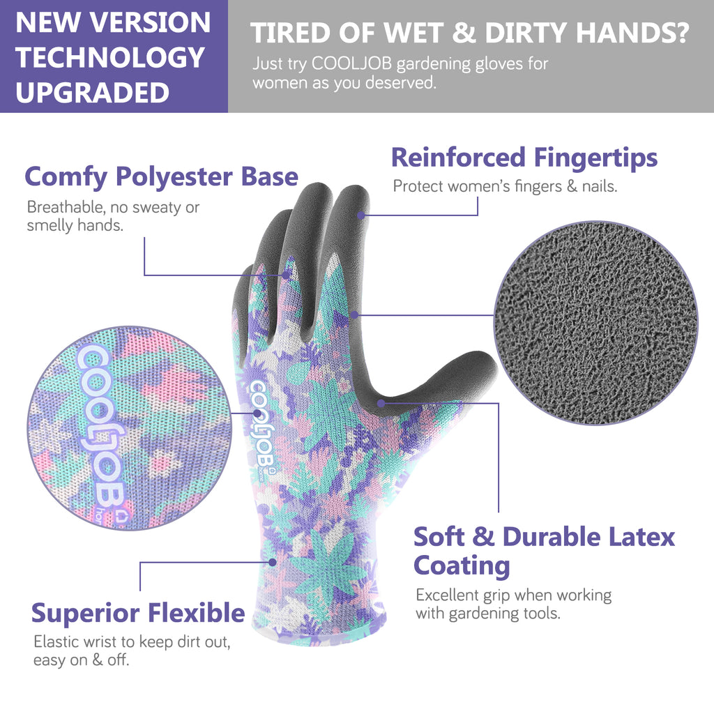 COOLJOB 2/6 Pairs Colorful Gardening Gloves for Women Ladies, Breathable Rubber Coated for Yard Garden