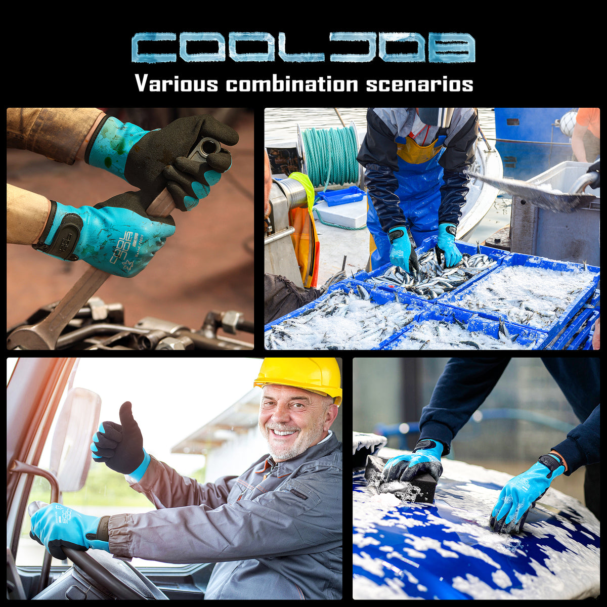 COOLJOB Thermal Warm Winter Work Blue Gloves with Grip, Rubber Coated Touchscreen Waterproof Freezer Gloves for Warehouse, 1 Pair