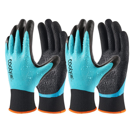 COOLJOB 2/6 Pairs Waterproof Gardening Work Gloves with grip, Double Rubber Coated (Blue)