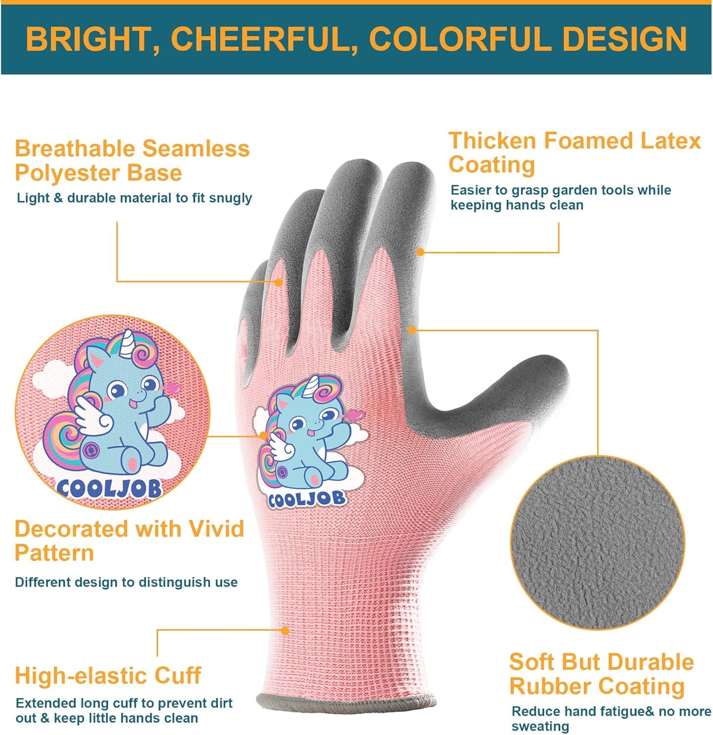 COOLJOB 3 Pairs Kids Gloves for Age 9-12, Grippy Rubber Coated Garden Work Gloves for Children, Purple & Pink & Yellow