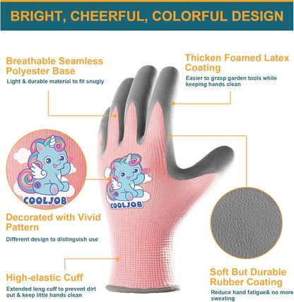 COOLJOB 3 Pairs Kids Gloves for Age 9-12, Grippy Rubber Coated Garden Work Gloves for Children, Purple & Pink & Yellow