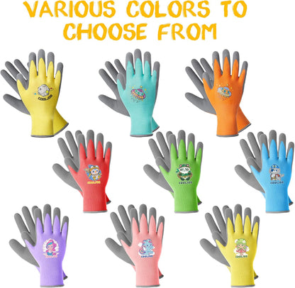 COOLJOB 3 Pairs Kids Gloves for Age 9-12, Grippy Rubber Coated Garden Work Gloves for Children, Purple & Pink & Yellow