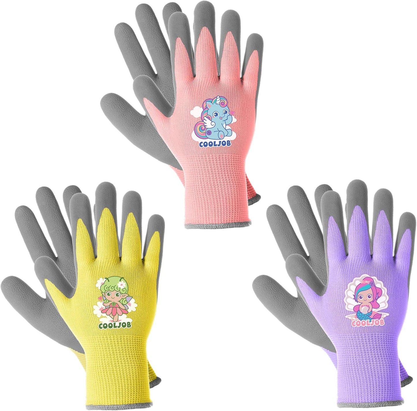 COOLJOB 3 Pairs Kids Gloves for Age 9-12, Grippy Rubber Coated Garden Work Gloves for Children, Purple & Pink & Yellow