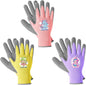 COOLJOB 3 Pairs Kids Gloves for Age 9-12, Grippy Rubber Coated Garden Work Gloves for Children, Purple & Pink & Yellow