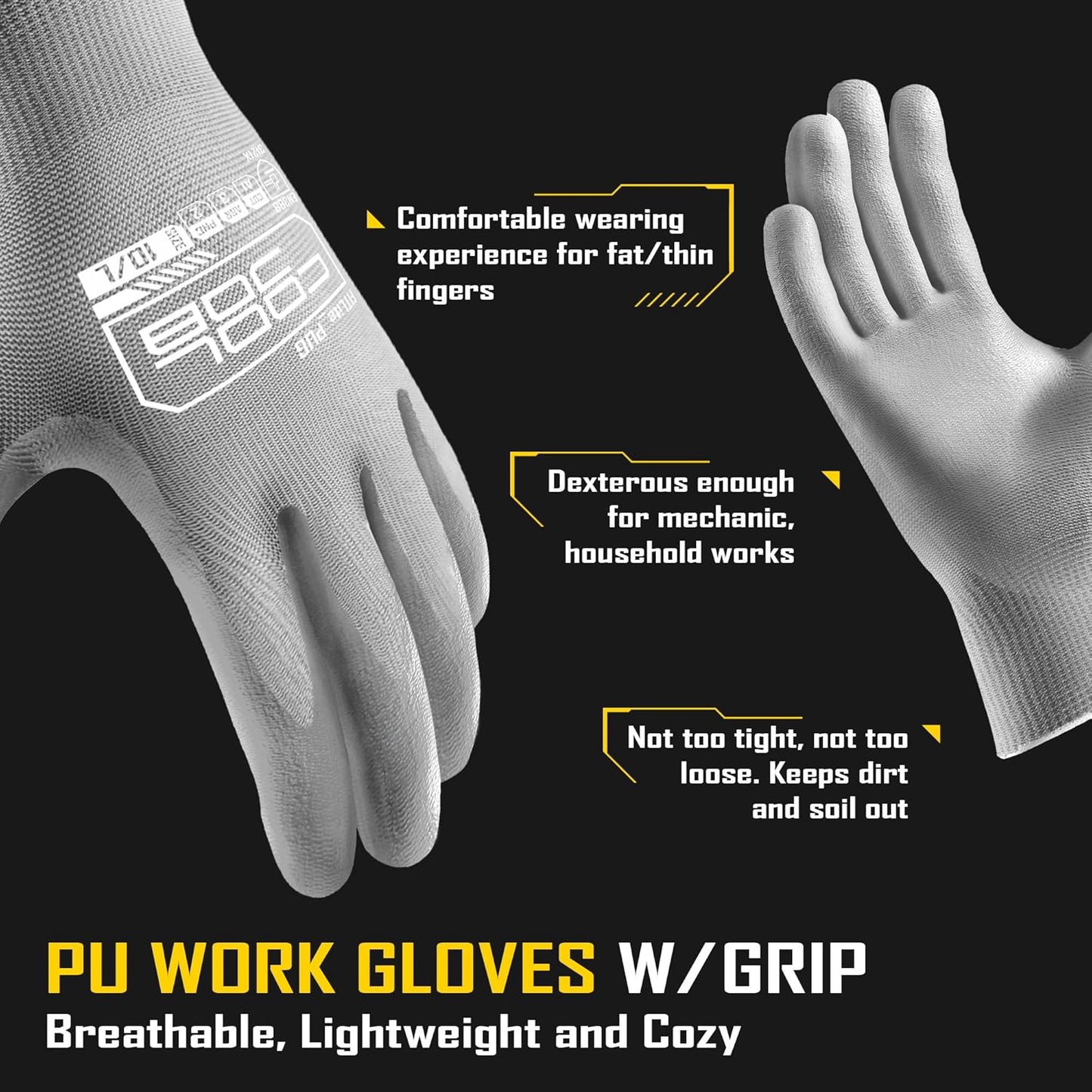COOLJOB 12/60/120 Pairs Safety Work Gloves Pack Bulk with Grip PU Coating（Grey）