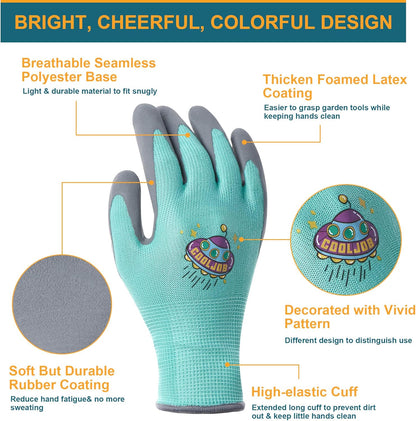 COOLJOB 3 Pairs Kids Gloves, Grippy Rubber Coated Garden Work Gloves for Children, Orange & Green & Yellow