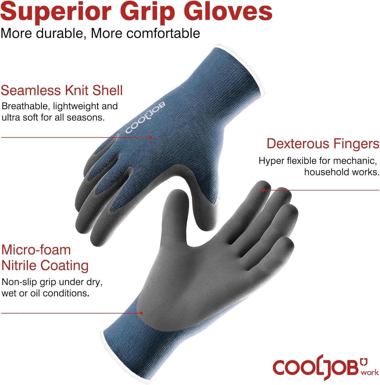 COOLJOB 2/60/120 Pairs Micro-Foam Nitrile Safety Work Garden Gloves with Touchscreen Fingers
