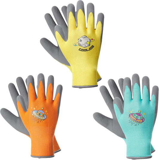 COOLJOB 3 Pairs Kids Gloves for Age 9-12, Grippy Rubber Coated Garden Work Gloves for Children, Orange & Green & Yellow