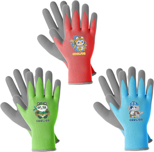 COOLJOB 3 Pairs Kids Gardening Gloves for Age 3-5, Children Toddlers Boys Grippy Rubber Coated Work Gloves, Red & Green & Blue