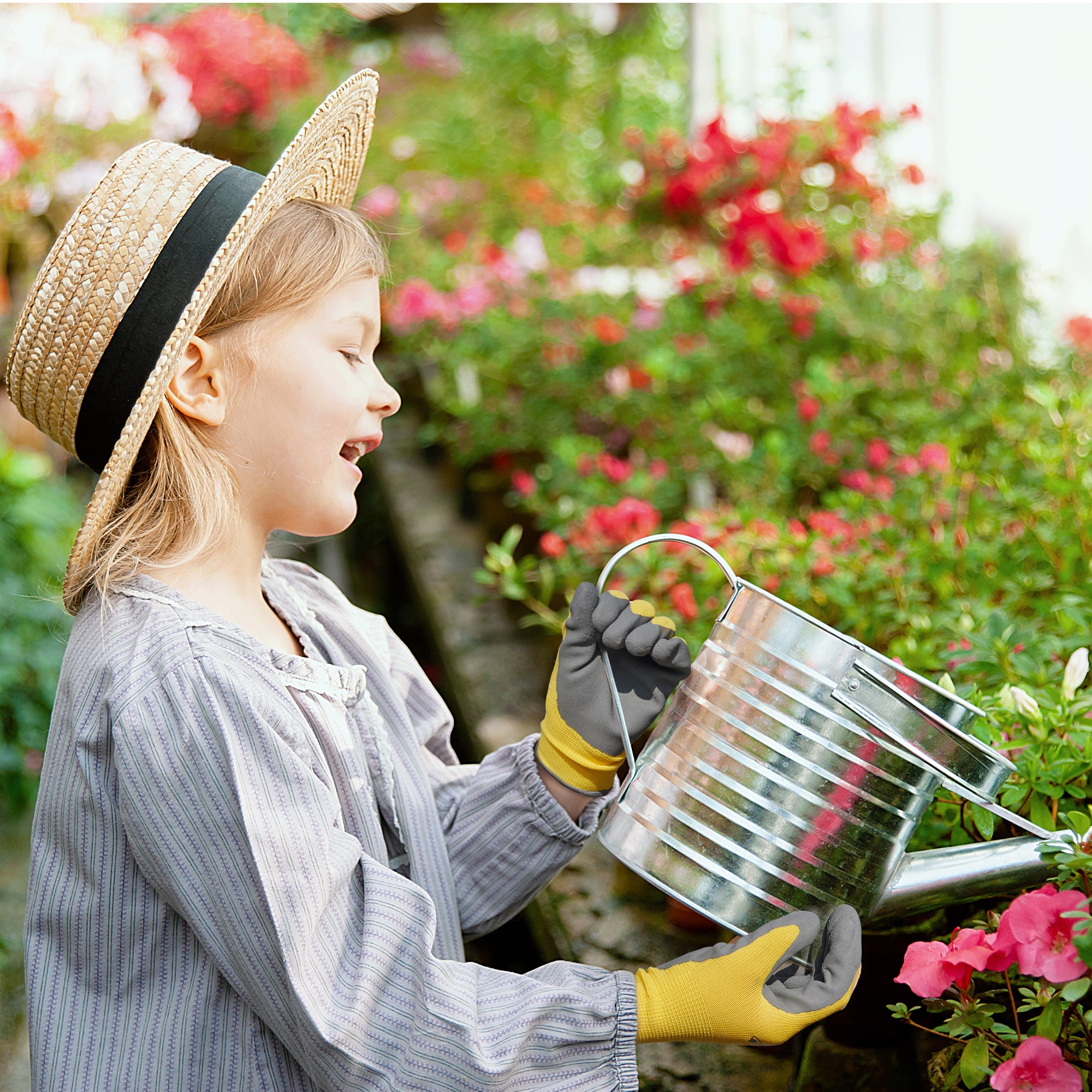 COOLJOB 3 Pairs Kids Gloves, Grippy Rubber Coated Garden Work Gloves for Children, Orange & Green & Yellow