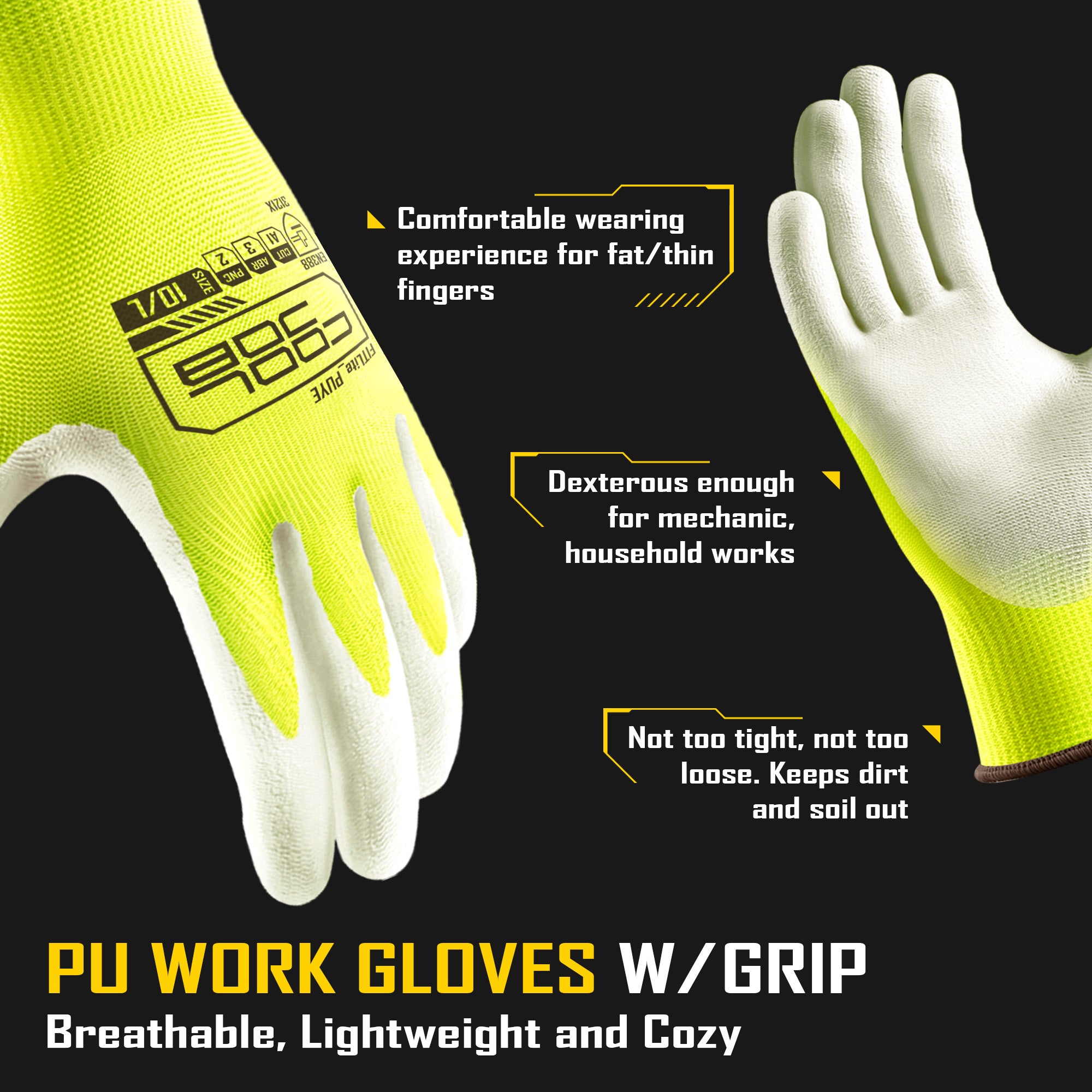 COOLJOB 12/60/120 Pairs Safety Work Gloves Pack Bulk with Grip PU Coating（Yellow）