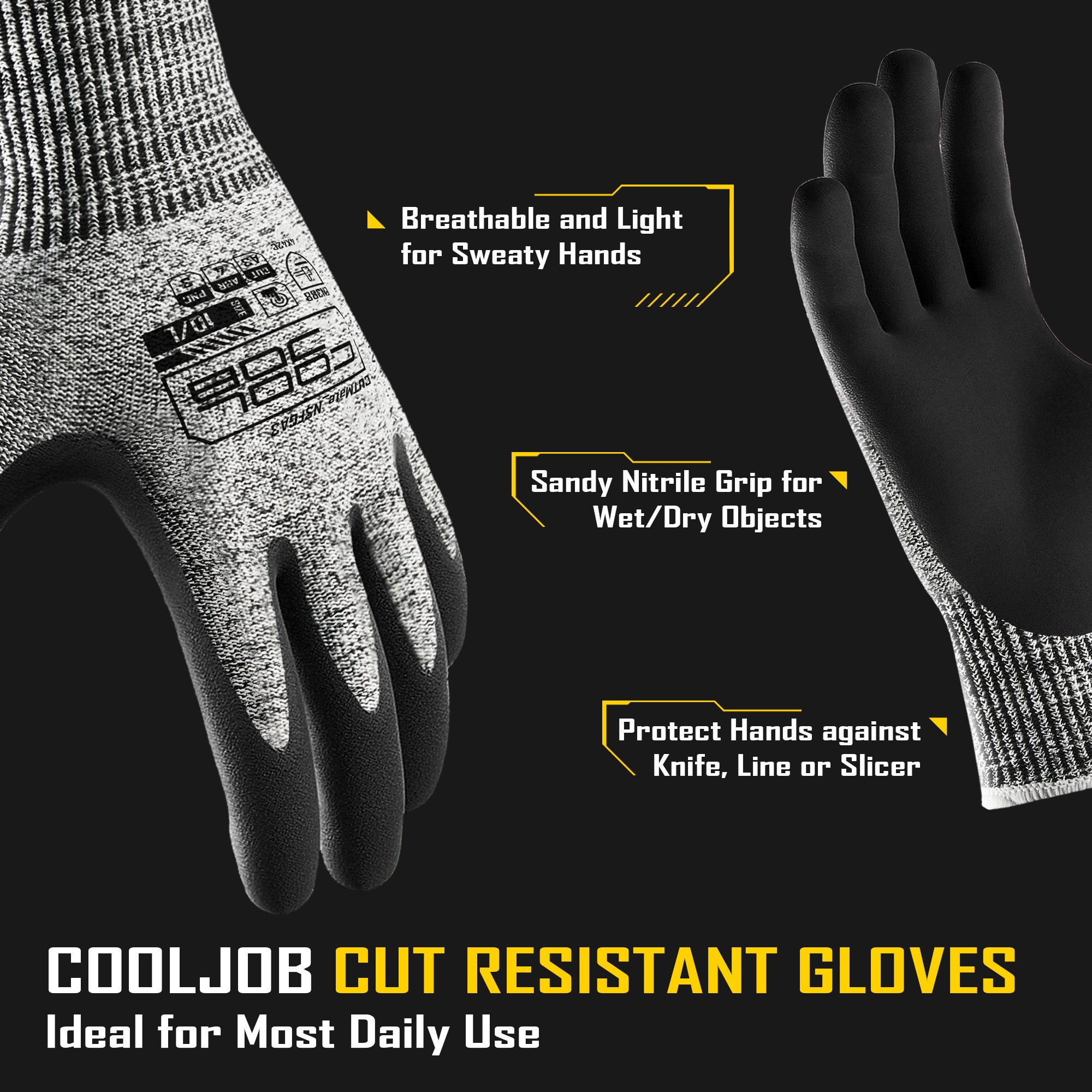 COOLJOB A3 Cut Resistant Safety Work Gloves, Touchscreen, Fishing Gloves