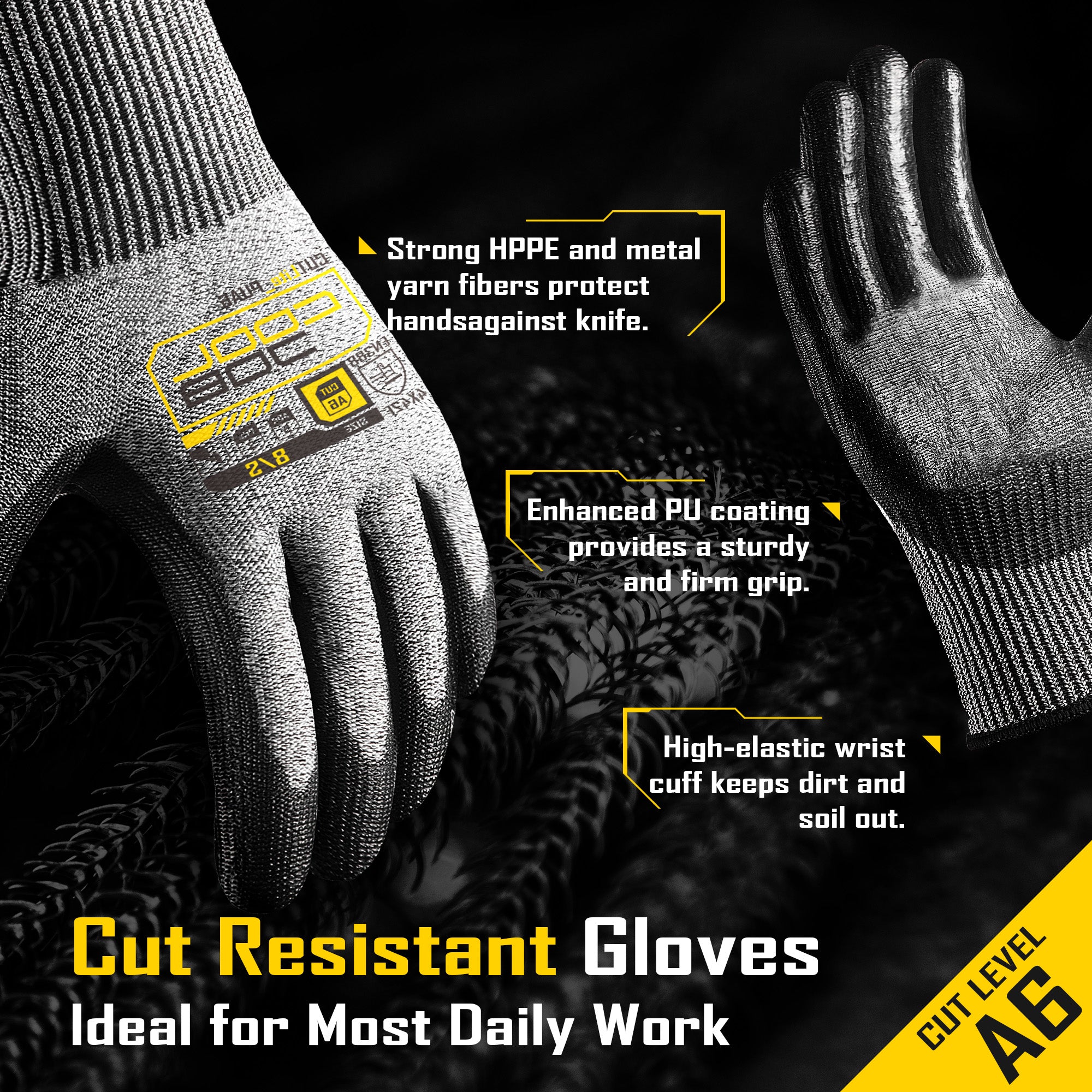 COOLJOB 12/120 Pairs A6 Cut Resistant Safety Work Gloves with Grip, Breathable Lightweight Polyurethane Coated Gloves