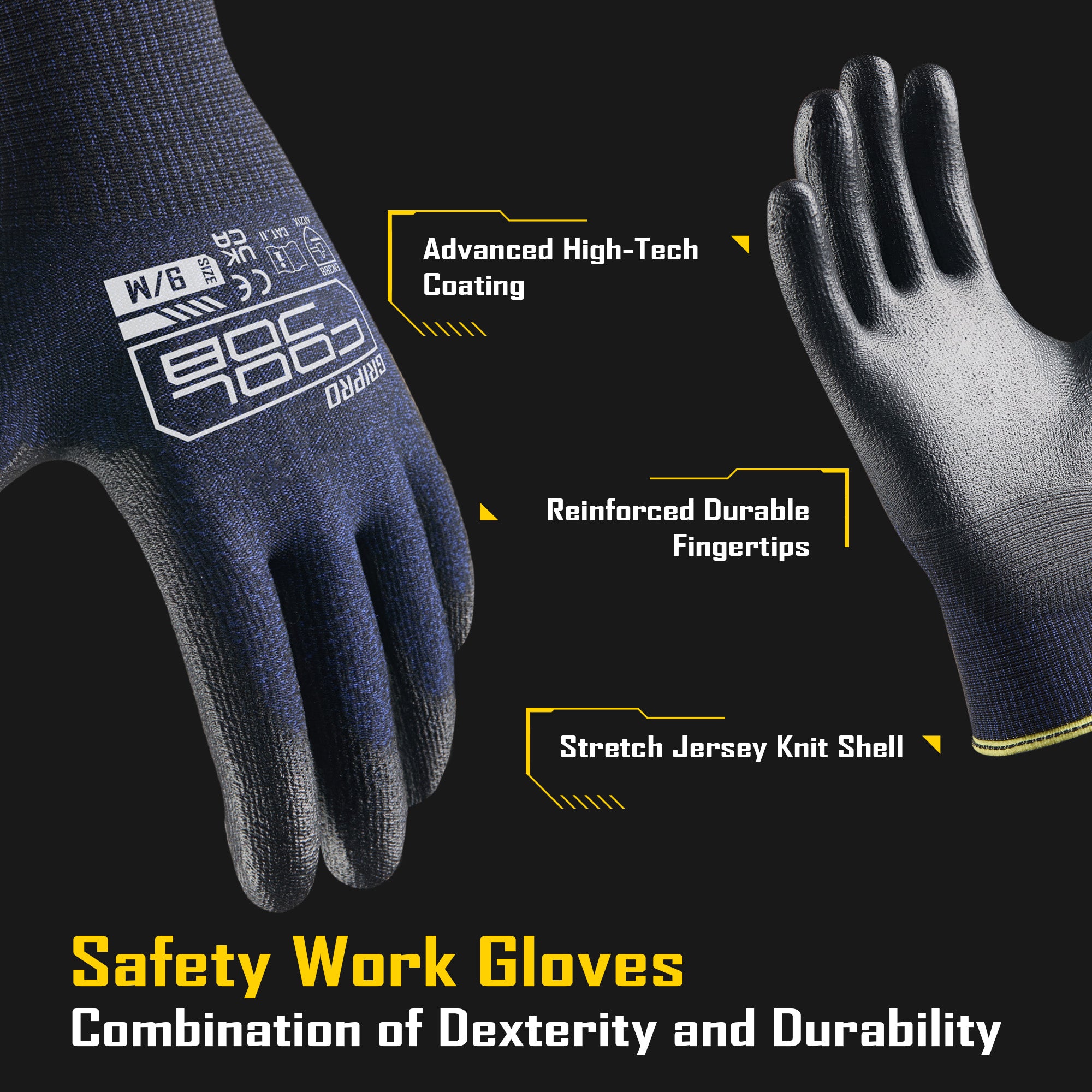 COOLJOB 12 Pairs Safety Work Gloves, Seamless Knit Nylon with Full Fingers Touchscreen, Non-slip Grip Rubber Dipped