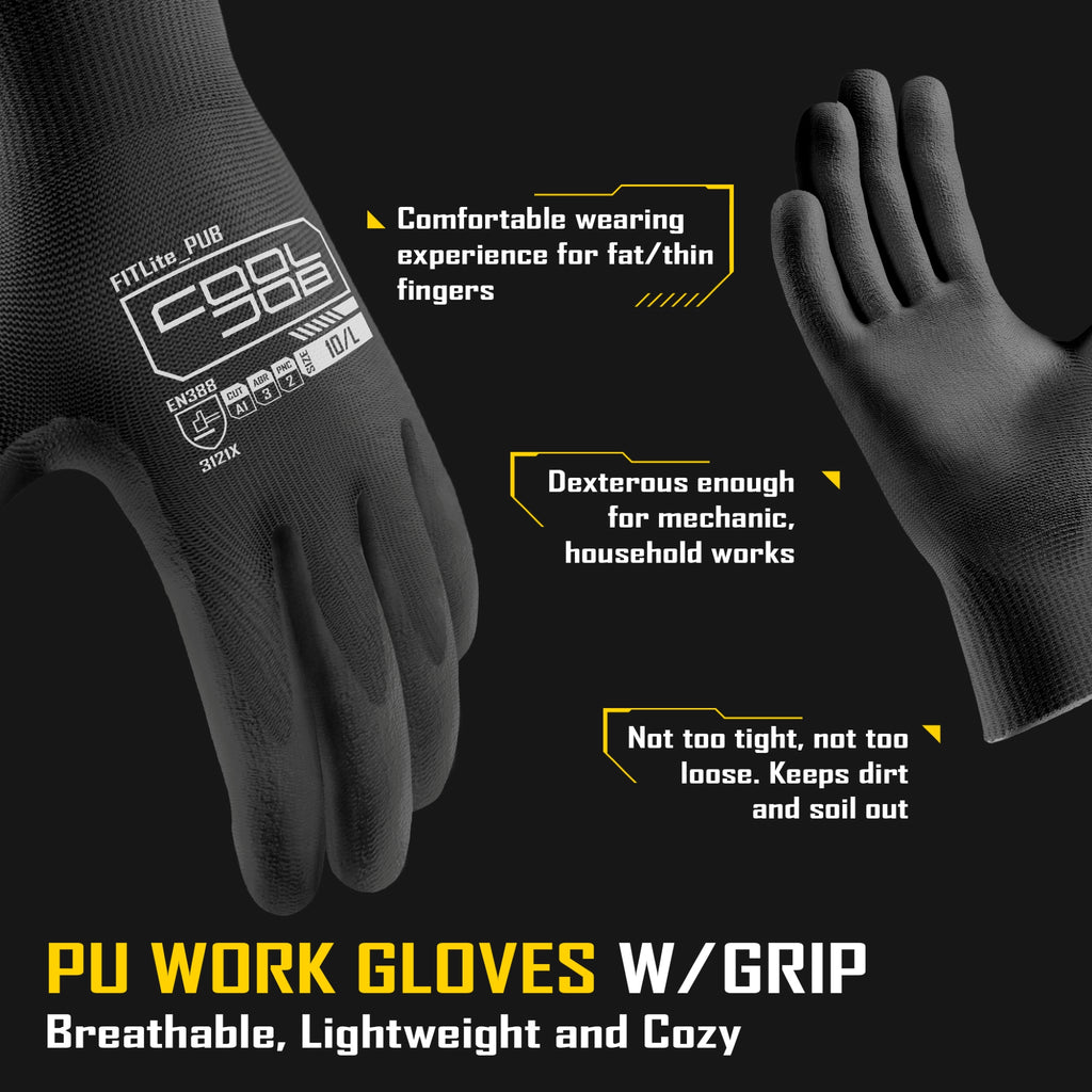 COOLJOB 12/60/120 Pairs Safety Work Gloves Pack Bulk with Grip PU Coating（Black）