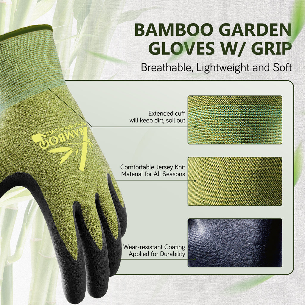 COOLJOB 2 Pairs Bamboo Touchscreen Gardening Work Gloves, Grippy Nitrile Rubber Coated
