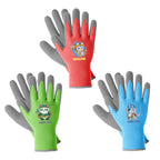 COOLJOB 3 Pairs Kids Gloves, Grippy Rubber Coated Garden Work Gloves for Children, Red & Green & Blue