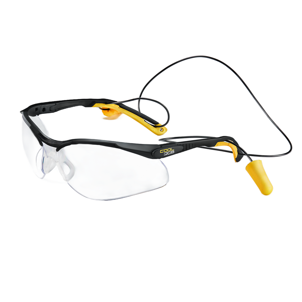 COOLJOB Safety Glasses with Corded Earplugs, ANSI Z87.1 Impact Resistance and UV Proof, Protective Eyewear with Clear Lenses