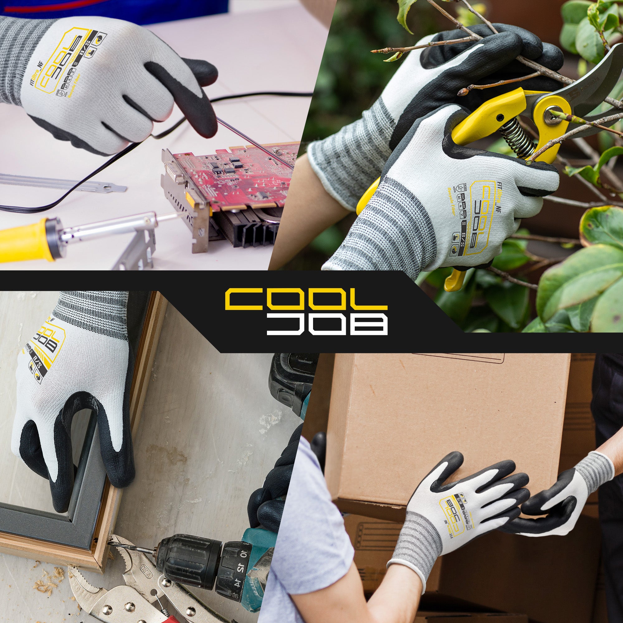 COOLJOB 10 Pairs Bulk Safety Work Gloves for Men, Touchscreen MicroFoam Nitrile Coated Garden Gloves with Grip for Lawn Care, Oil Resistant for Warehouse Yard, 100% Recycled Polyester