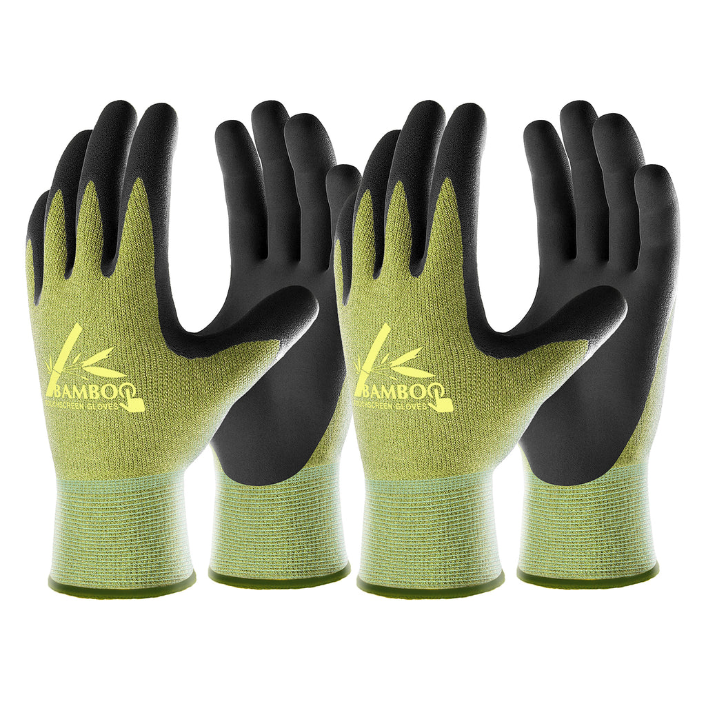 COOLJOB 2 Pairs Bamboo Touchscreen Gardening Work Gloves, Grippy Nitrile Rubber Coated