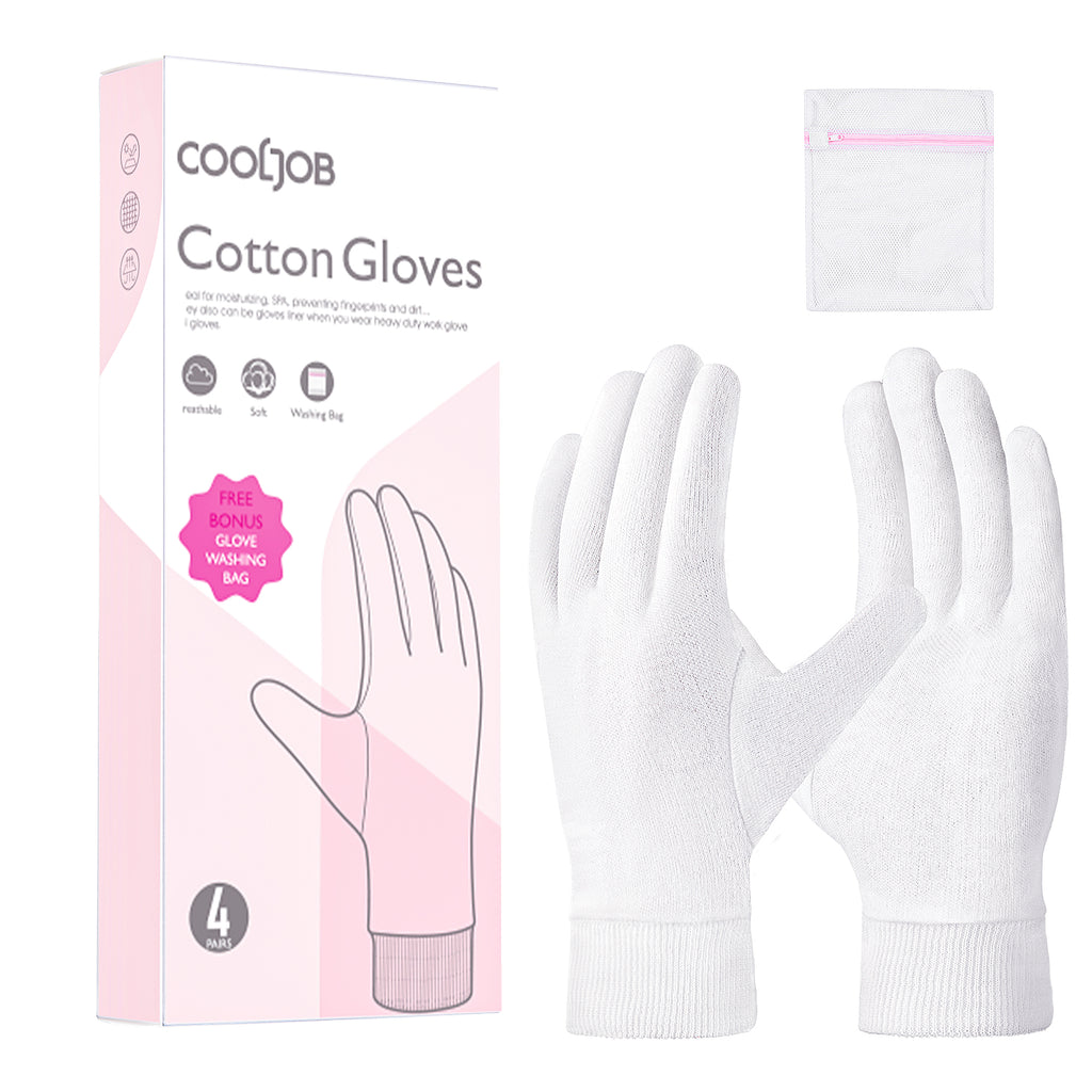 COOLJOB 4 Pairs Soft Moisturizing Cotton Gloves with Elastic Cuff for Dry Hands & Eczema