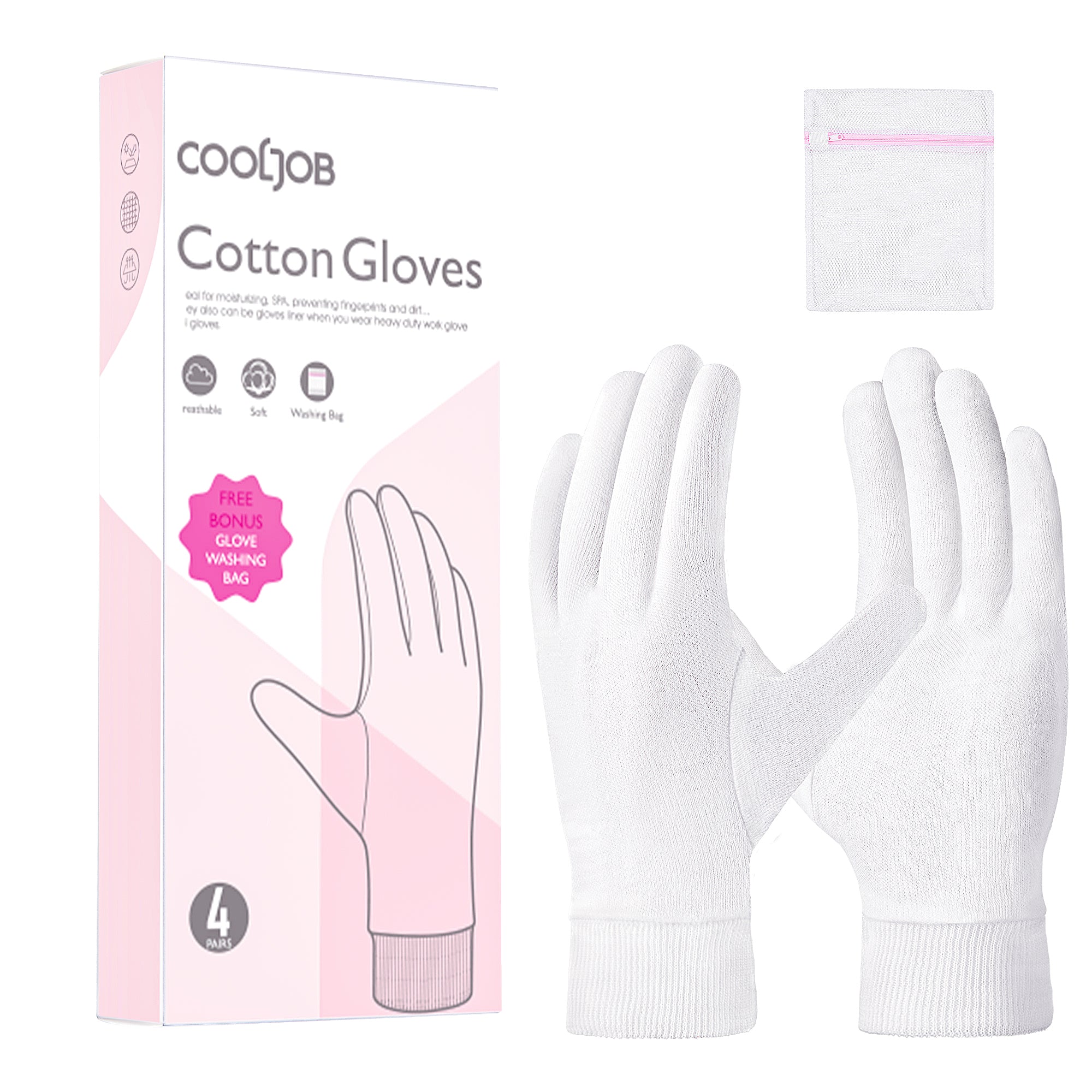 COOLJOB 4 Pairs Soft Moisturizing Cotton Gloves with Elastic Cuff for Dry Hands & Eczema