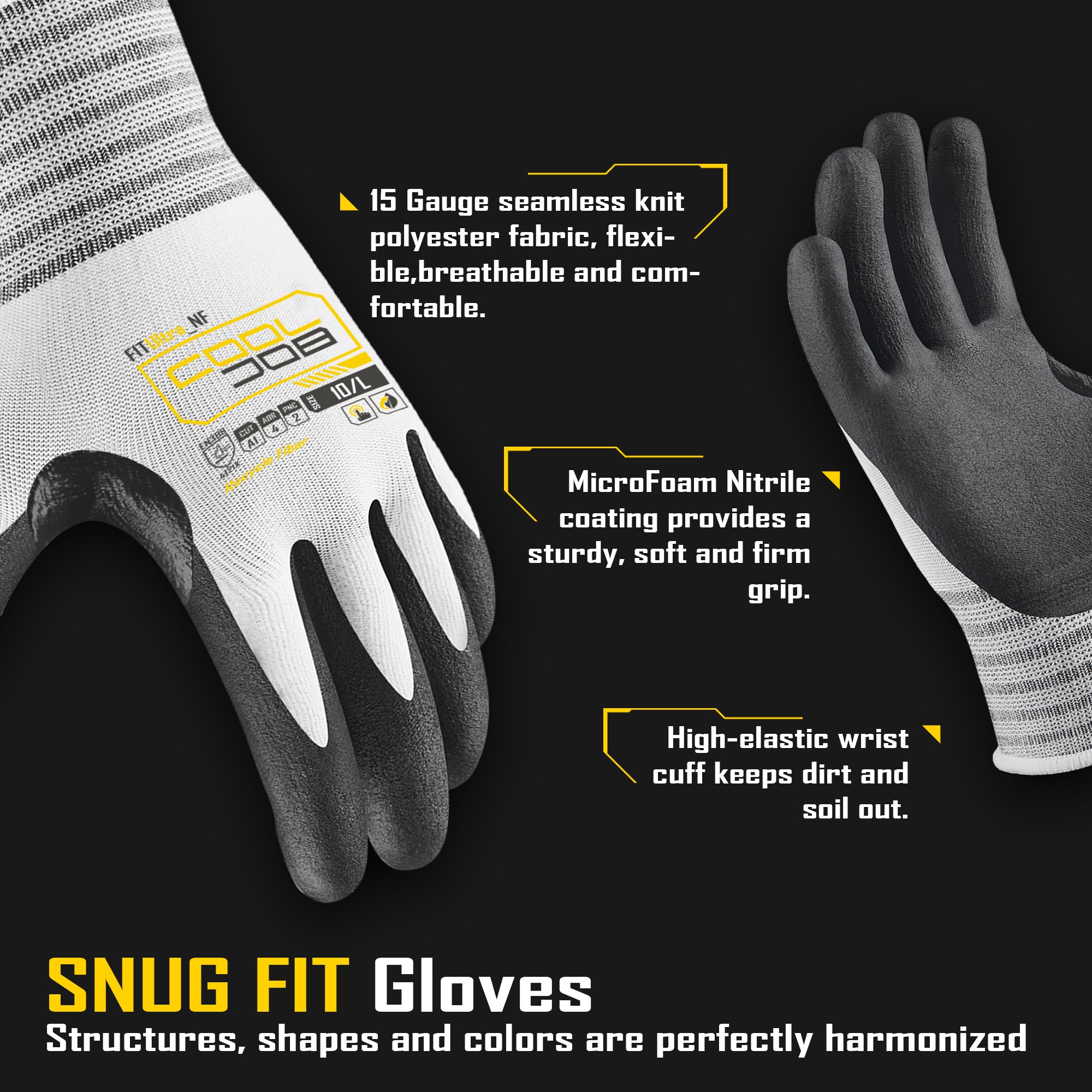COOLJOB 10 Pairs Bulk Safety Work Gloves for Men, Touchscreen MicroFoam Nitrile Coated Garden Gloves with Grip for Lawn Care, Oil Resistant for Warehouse Yard, 100% Recycled Polyester