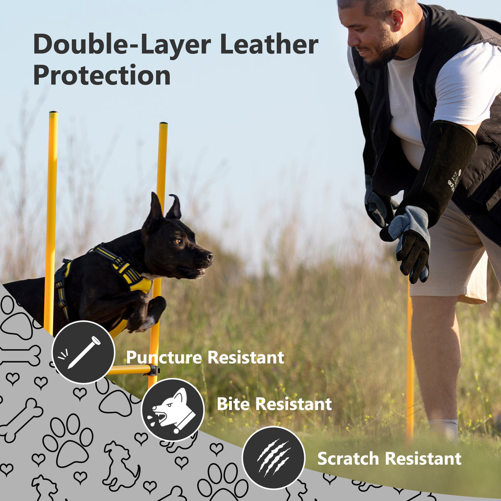 COOLJOB Bite Proof Animal Handling Gloves, Cowhide Leather with Kevlar Stitching for Cat Grooming, Dog Training, 16”